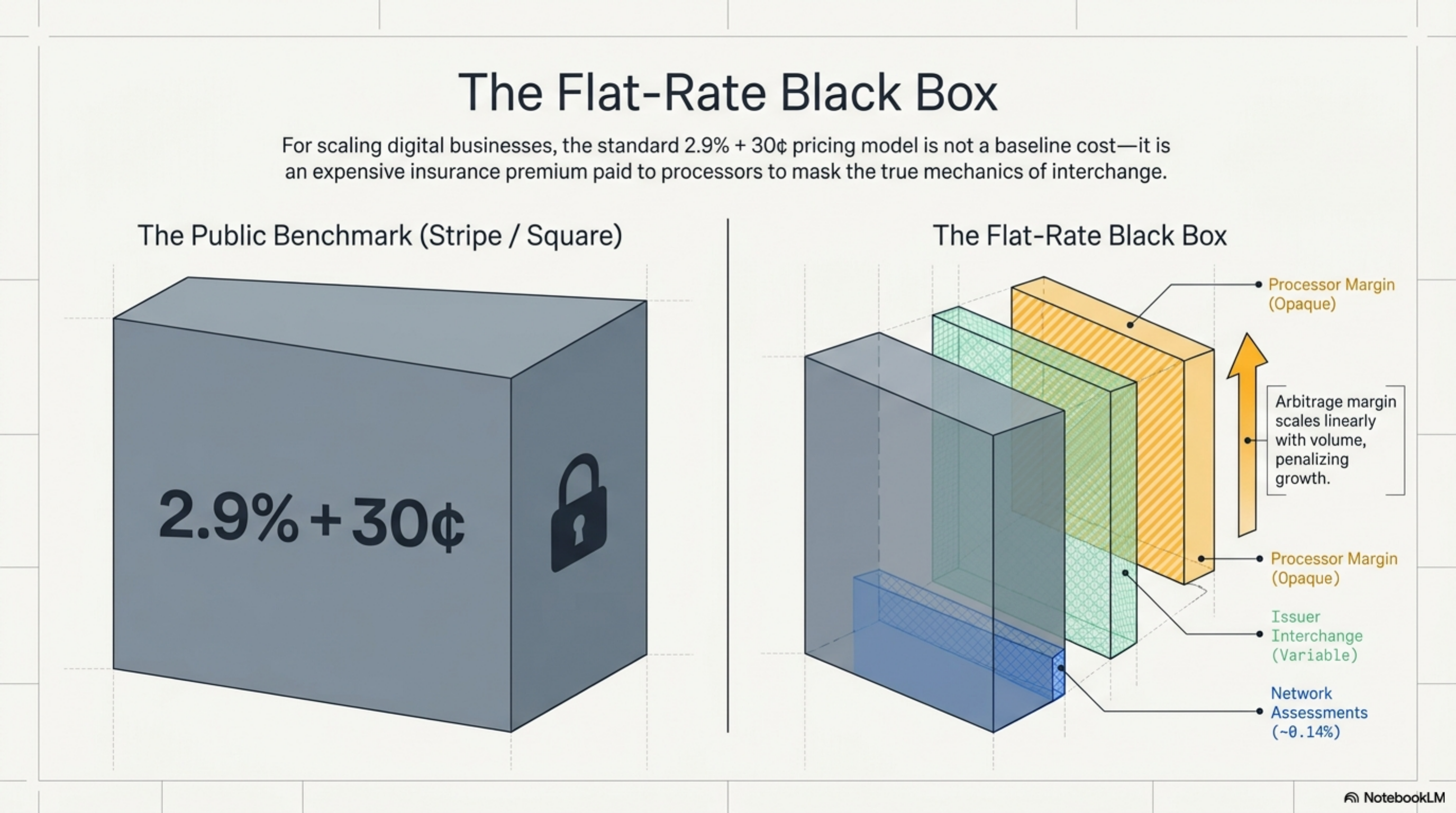 Effective rate breakdown for a $200K monthly SaaS merchant on flat-rate vs. interchange-plus pricing.
