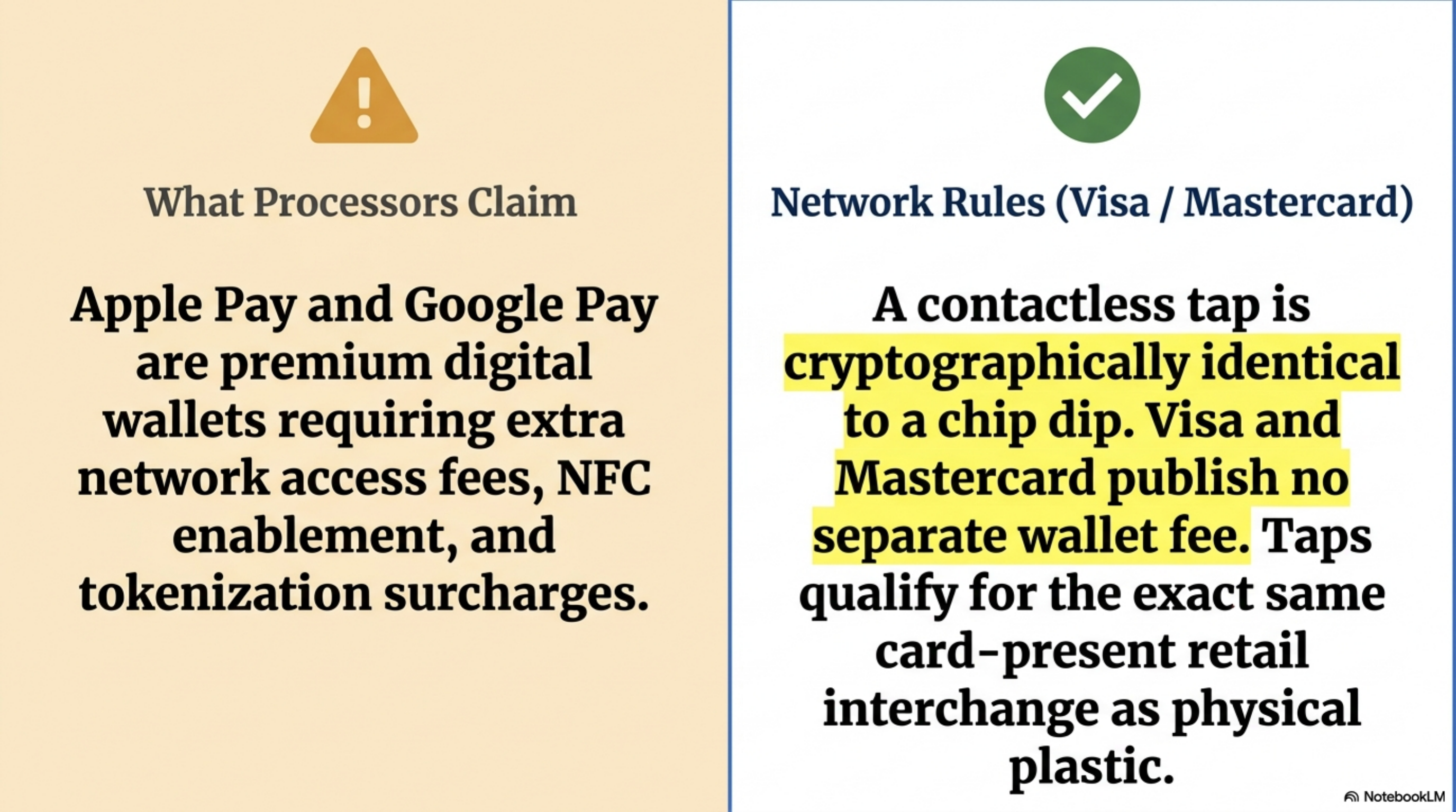 Where the wallet markup sits on a tiered statement: enablement fee plus mid-qualified downgrade on rewards taps.