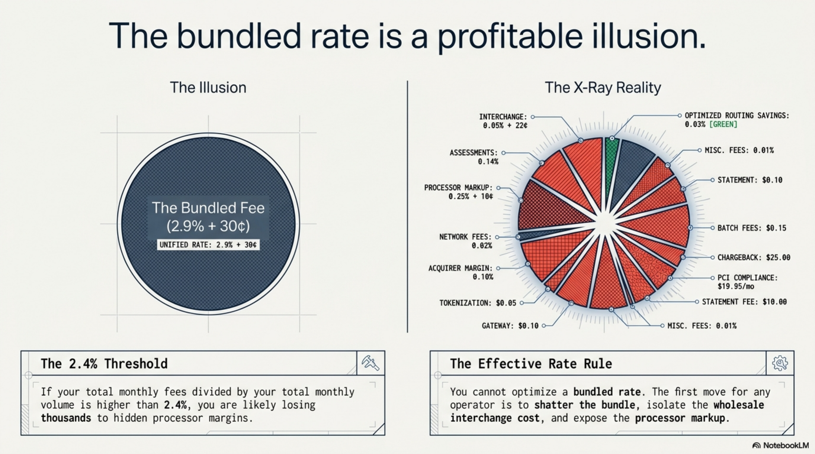 Stripe flat-rate vs interchange-plus pricing on a $300K monthly volume B2B merchant.