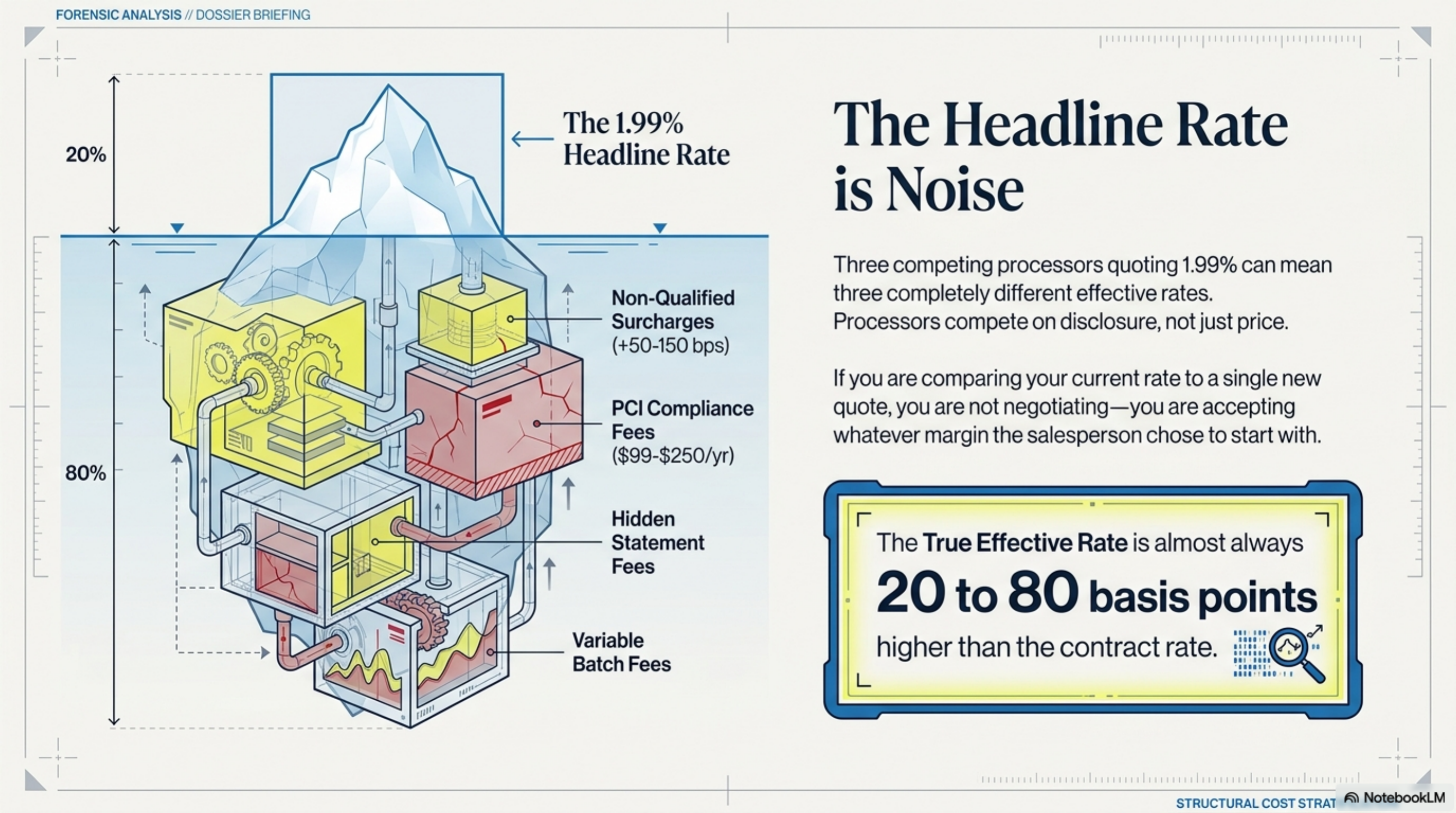 Side-by-side normalized quotes from three competing processors on the same $185K monthly QSR statement.